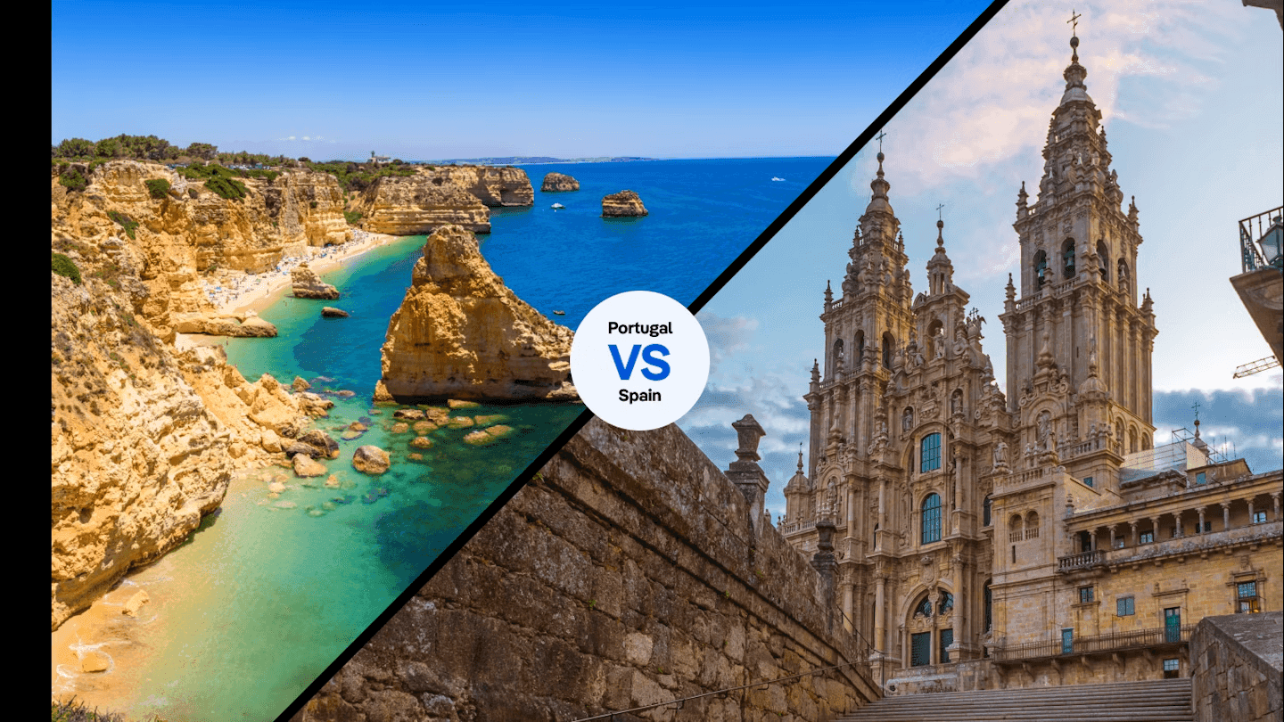 Split image of Portugal's rocky coastline and a historic cathedral in Spain.