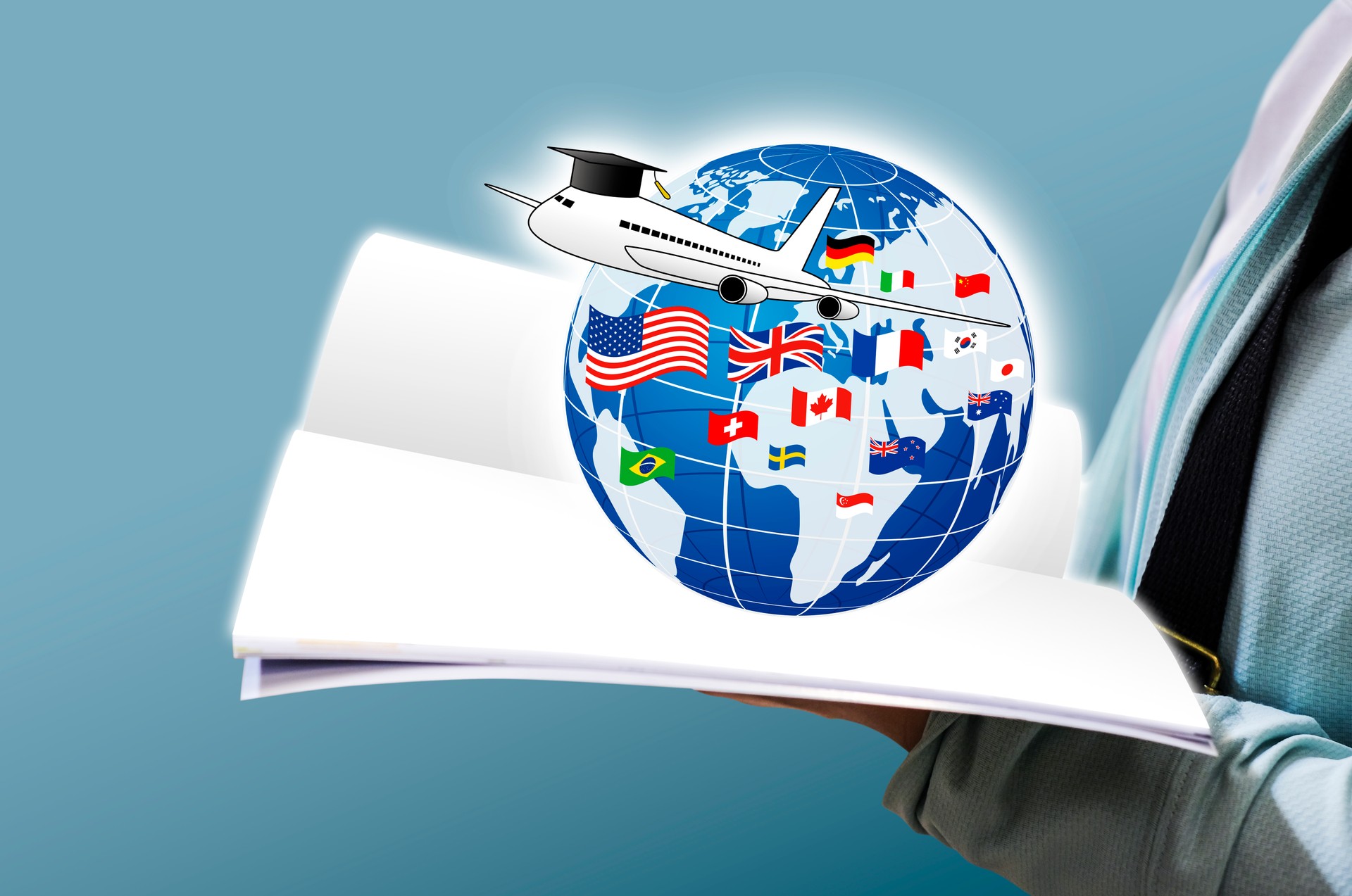 Study abroad concept design of Young woman open book and world education with national flag