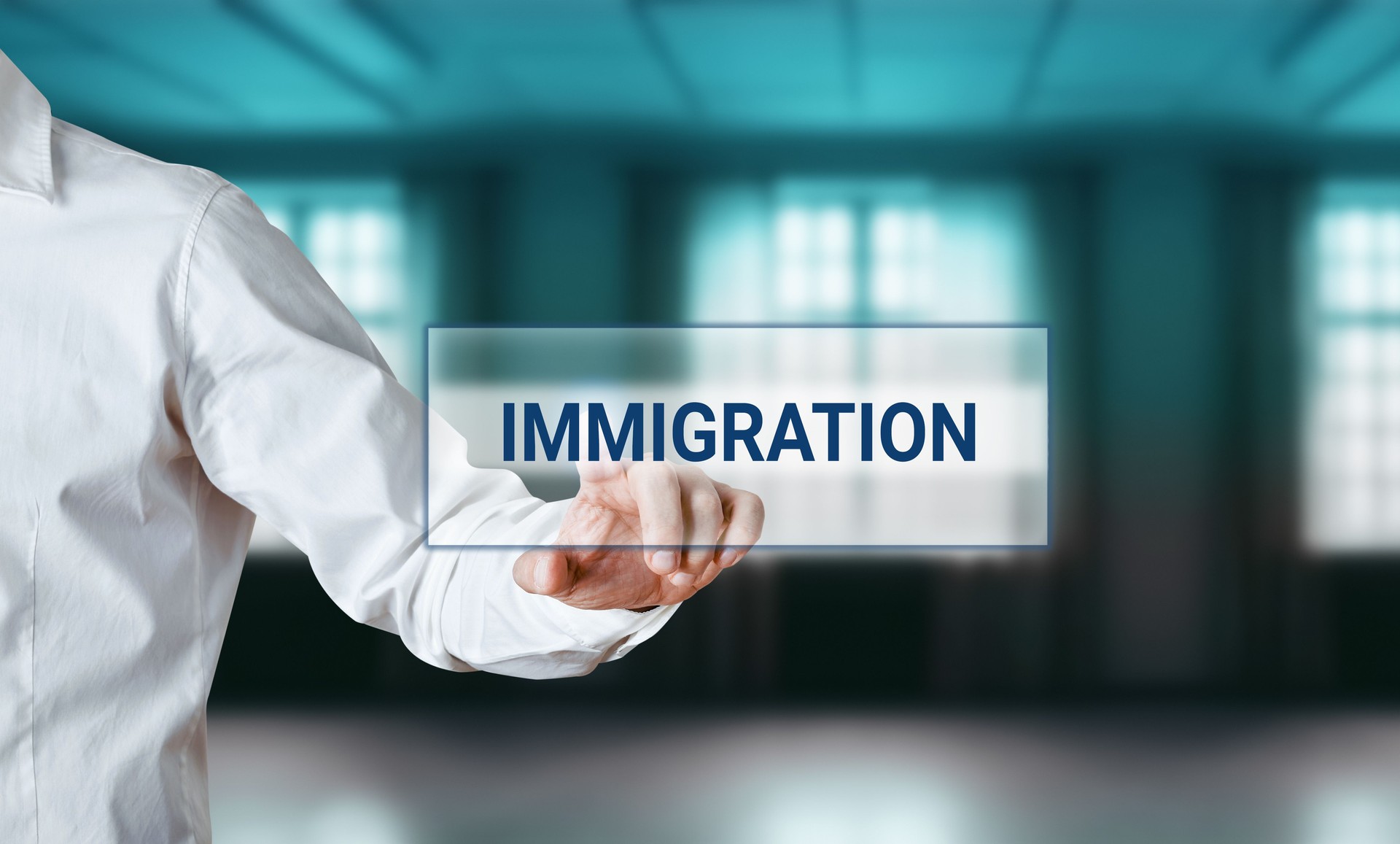 Man hand pressing the word immigration on a virtual search display screen.